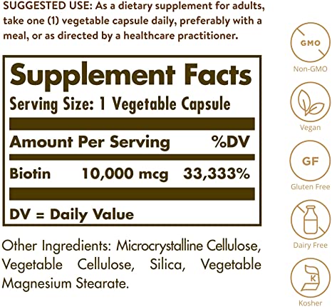 Solgar Biotin 10,000 mcg, 60 Vegetable Capsules - Energy, Metabolism, Promotes Healthy Skin, Nails &amp; Hair - Super High Potency - Non-GMO, Vegan, Gluten Free, Dairy Free, Kosher - 60 Servings