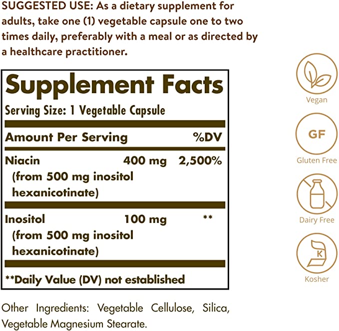 Solgar No-Flush Niacin 500 mg, 250 Vegetable Capsules - Supports Energy Metabolism - No-Flush Delivery - Vegan, Gluten Free, Dairy Free, Kosher - 250 Servings