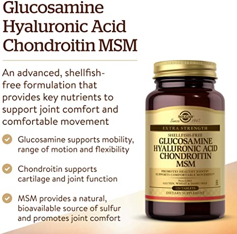 Solgar Glucosamine Hyaluronic Acid Chondroitin MSM, 120 Tablets - Supports Healthy Joints - Supports Range of Motion &amp; Flexibility - Extra Strength, Shellfish Free - Non-GMO, Gluten Free - 40 Servings