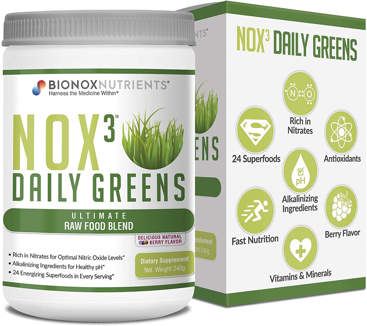 Bionox, Great Tasting Green Food Powder, Raw Greens Superfood Mix, Great Clean Taste, Keto Diet Friendly No Sugar, All Natural, Alkalinity and Nitric Oxide Booster, 1 Month Supply, 30 Scoop
