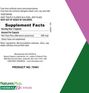 Nature's Plus Herbal Actives Red Yeast Rice, 600 mg, 120 Vegetarian Capsules