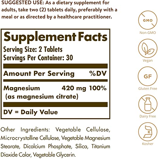 Solgar Magnesium Citrate, 120 Tablets - Promotes Healthy Bones - Supports Nerve &amp; Muscle Function - Non GMO, Vegan, Gluten Free, Dairy Free, Kosher - 60 Servings