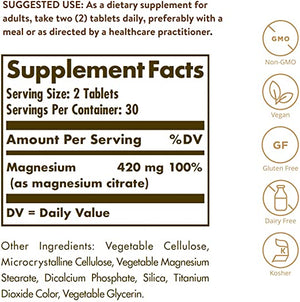 Solgar Magnesium Citrate, 120 Tablets - Promotes Healthy Bones - Supports Nerve & Muscle Function - Non GMO, Vegan, Gluten Free, Dairy Free, Kosher - 60 Servings