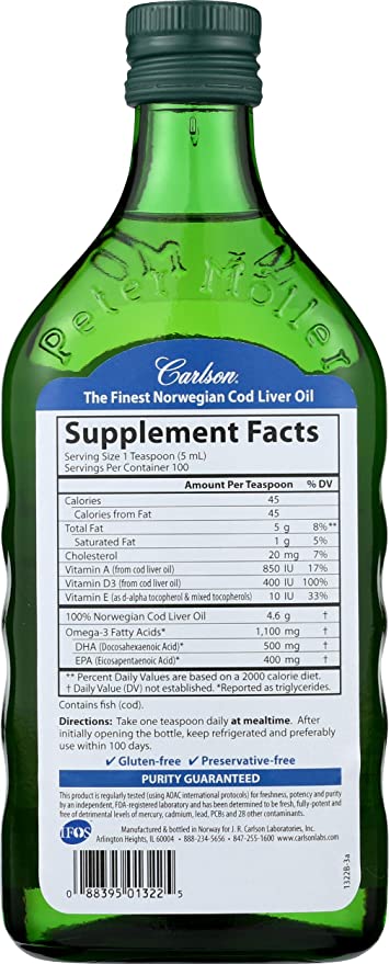 Carlson - Cod Liver Oil, 1100 mg Omega-3s, Wild-Caught Norwegian Arctic Cod-Liver Oil, Sustainably Sourced Nordic Fish Oil Liquid, Unflavored, 500 ml (16.9 Fl Oz