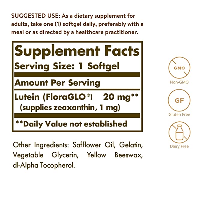 Solgar Lutein 20 mg, 60 Softgels - Supports Eye Health - Helps Filter Out Blue-Light - Contains FloraGLO Lutein - Non-GMO, Gluten Free, Dairy Free - 60 Servings