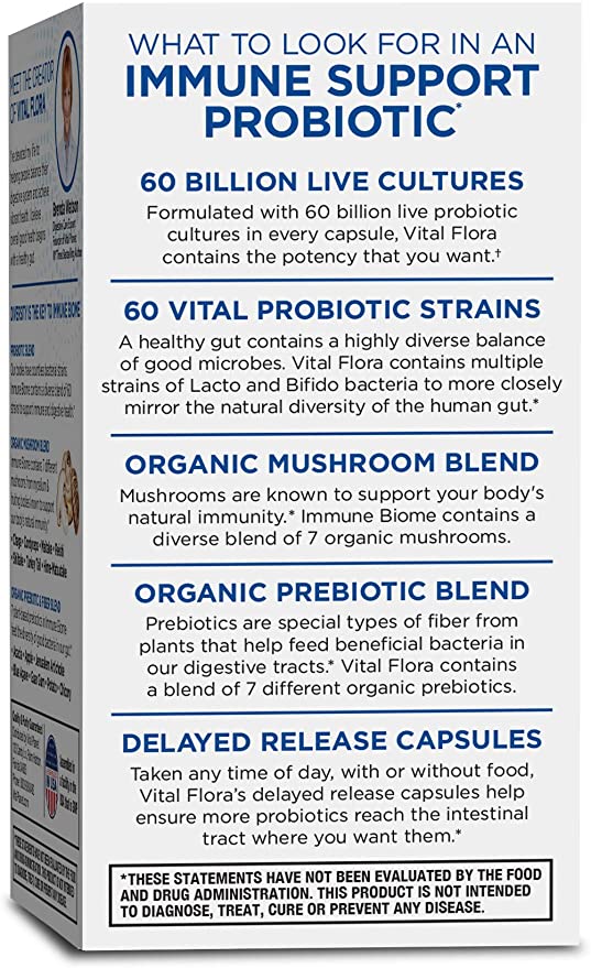 Vital Planet - Vital Flora Immune Support Probiotic, 60 Billion CFU, 60 Diverse Strains, 7 Organic Mushroom Supplement Blend with Prebiotics, Shelf Stable Digestive Health Probiotics 30 Capsules