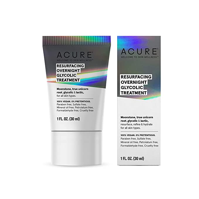 ACURE Resurfacing Overnight Glycolic Treatment - Night Dewy Glow Cream with Moonstone,True Unicorn Root, Glycolic &amp; Lactic Acid Formula - Refines, Resurfaces and Improves Skin Tone &amp; Texture - 1 Fl Oz