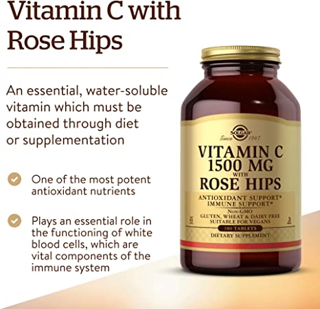 Solgar Vitamin C 1500 mg with Rose Hips, 180 Tablets - Antioxidant &amp; Immune Support - Overall Health - Supports Healthy Skin &amp; Joints - Non GMO, Vegan, Gluten Free, Dairy Free, Kosher - 180 Servings