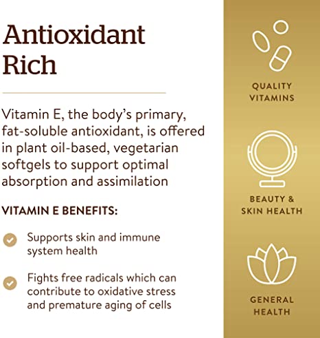 Solgar Vitamin E 268 mg (400 IU), 100 Vegetarian Softgels - Natural Antioxidant, Skin &amp; Immune System Support - Naturally-Sourced Vitamin E - Non-GMO, Vegan, Gluten Free, Dairy Free - 100 Servings