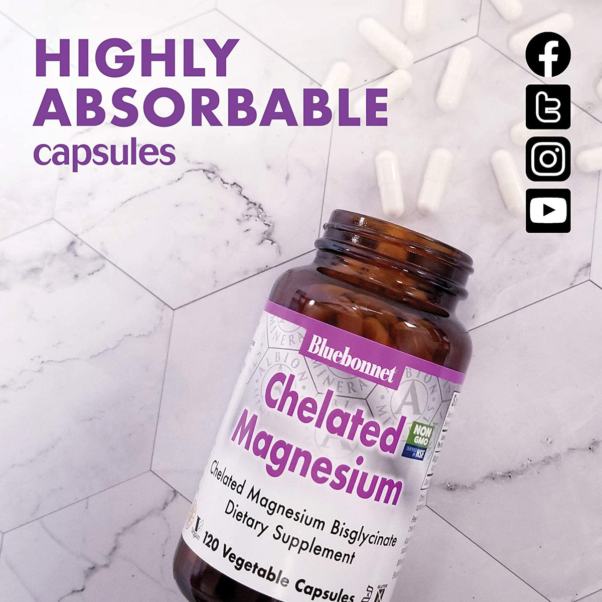 Bluebonnet Nutrition Albion Chelated Magnesium Vegetable Capsule, 200 mg, Stress Relief, Vegan, Non GMO, Gluten Free, Soy Free, Milk Free, Kosher, 120 Vegetable Capsule, 2 Month Supply
