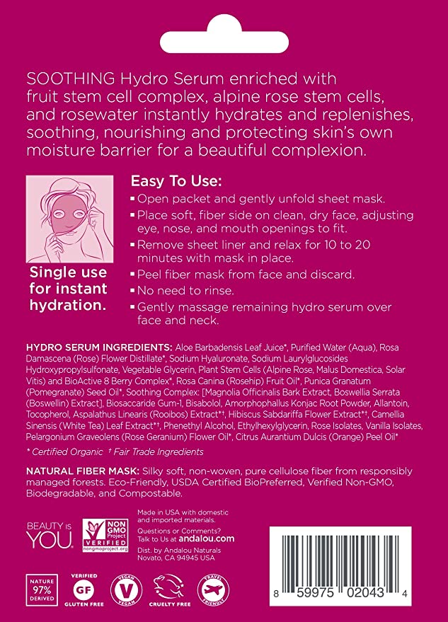 Andalou Naturals 1000 Roses® Hydro Serum Facial Sheet Mask, 0.6 fl oz