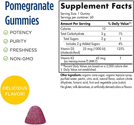 Nordic Naturals Vitamin D3 + K2 Gummies, Pomegranate - 60 Gummies - 1000 IU Vitamin D3 + 45 mcg K2 - Great Taste - Bone Health, Promotes Healthy Muscle Function - Non-GMO - 60 Servings
