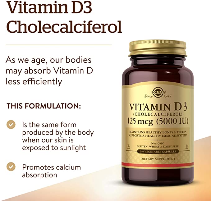 Solgar Vitamin D3 (Cholecalciferol) 125 mcg (5000 IU), 240 Vegetable Capsules - Helps Maintain Healthy Bones &amp; Teeth - Immune System Support - Non-GMO, Gluten Free - 240 Total Servings