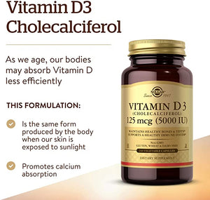 Solgar Vitamin D3 (Cholecalciferol) 125 mcg (5,000 IU) Vegetable Capsules - 240 Count