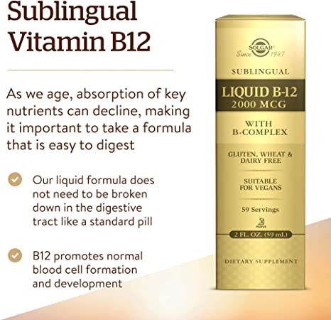 Solgar Sublingual Liquid B-12 2000 mcg with B-Complex - 2 fl oz - Supports Production of Energy, Red Blood Cells, Healthy Nervous System &amp; Heart Health - Vegan, Gluten Free - 59 Total Servings