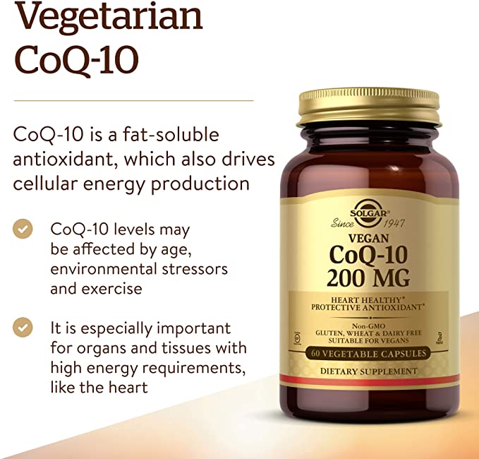 Solgar Vegetarian CoQ-10 200 mg, 60 Vegetable Capsules - Heart Healthy, Protective Antioxidant - Coenzyme Q10 (CoQ-10) Supplement - Vegan, Gluten Free, Dairy Free, Kosher - 60 Servings