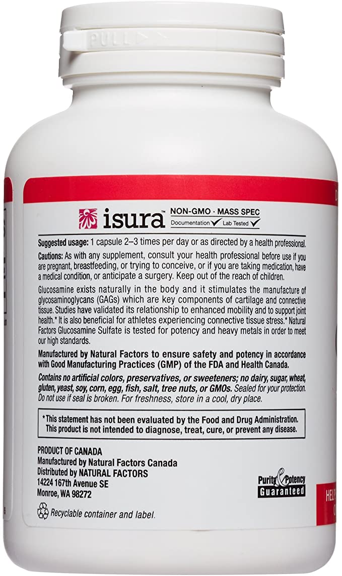 Natural Factors, Glucosamine Sulfate, Supports Healthy Joint Mobility, Cartilage and Connective Tissue, 180 Capsules