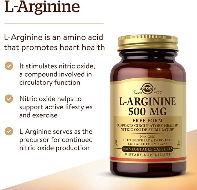 Solgar L-Arginine 500 mg - 100 Vegetable Capsules - Nitric Oxide Stimulator - Non-GMO, Vegan, Gluten Free, Dairy Free, Kosher - 100 Servings