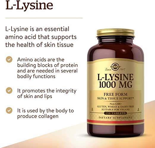 Solgar L-Lysine 1000 mg, 250 Tablets - Enhanced Absorption and Assimilation - Promotes Integrity of Skin and Lips - Collagen Support - Amino Acids - Non-GMO, Vegan, Gluten Free - 250 Servings