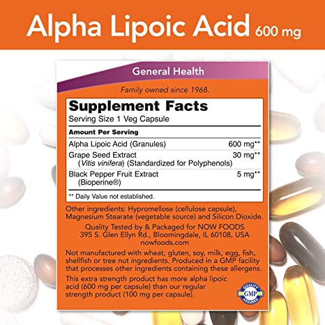 NOW Supplements, Alpha Lipoic Acid 600 mg with Grape Seed Extract &amp; Bioperine®, Extra Strength, 120 Veg Capsules