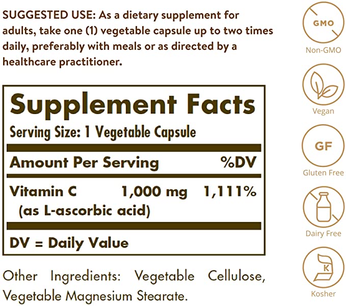 Solgar Vitamin C, 1000 mg, 250 Vegetable Capsules