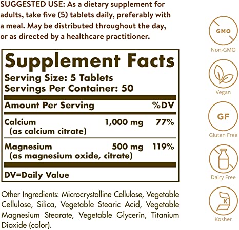 Solgar Calcium Magnesium Citrate, 250 Tablets - Supports Healthy Bones &amp; Teeth - Musculoskeletal &amp; Nervous System Support - Highly Absorbable - Non-GMO and Vegan - 50 Servings