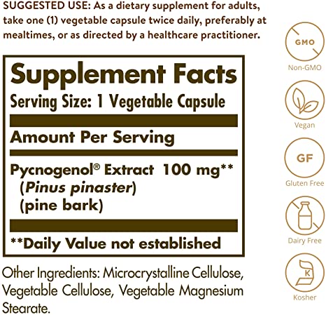 Solgar Pycnogenol 100 mg, 30 Vegetable Capsules - Antioxidant Protection - Healthy Leg &amp; Vein Support - Non-GMO, Vegan, Gluten Free, Dairy Free, Kosher - 30 Servings