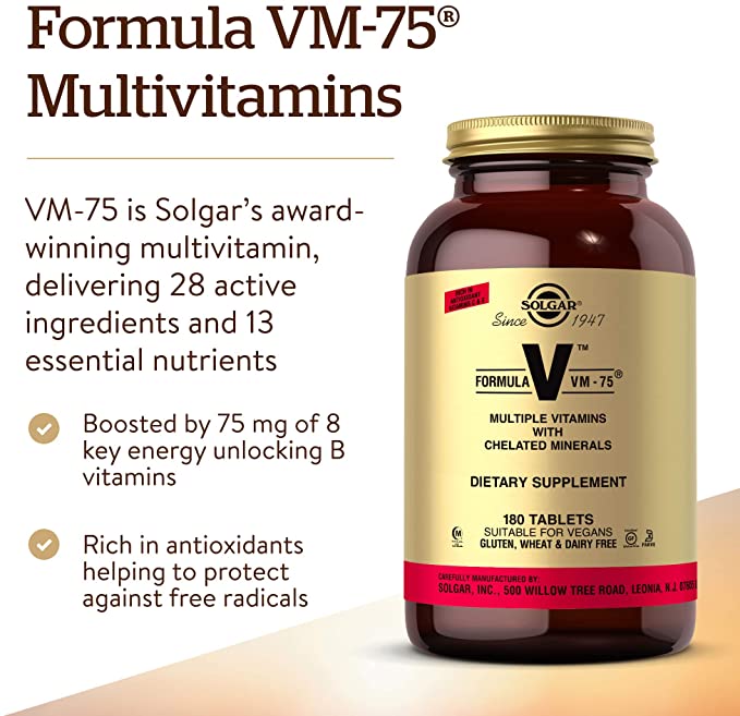 Solgar Formula VM-75, 180 Tablets - Multivitamin with Chelated Minerals - Vitamin A, B6, B12, C, D, E - Biotin, Magnesium, Calcium, Iron, Zinc - Vegan, Gluten Free, Dairy Free, Kosher - 180 Servings
