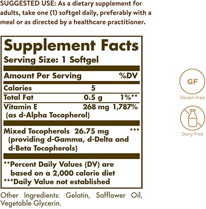 Solgar Vitamin E 268 mg (400 IU), 250 Mixed Softgels - Natural Antioxidant, Skin &amp; Immune System Support - Naturally-Sourced Vitamin E - Gluten Free, Dairy Free - 250 Servings