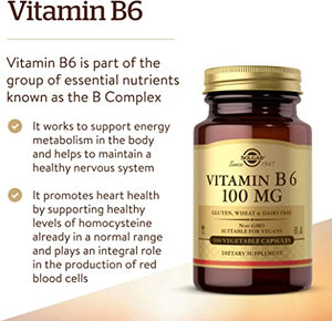 Solgar Vitamin B6, 100 mg, 100 Vegetable Capsules