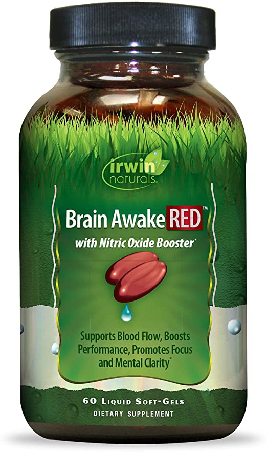 Irwin Naturals Brain Awake RED with Nitric Oxide Booster - 60 Liquid Soft-Gel - Support Brain Health & Optimize Performance - 20 Total Servings