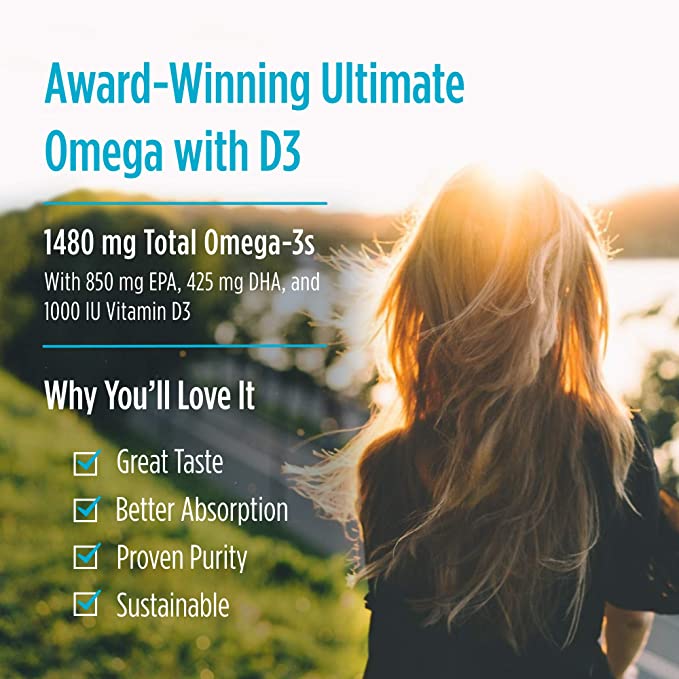 Nordic Naturals Ultimate Omega Xtra, Lemon Flavor - 60 Soft Gels - 1480 mg Omega-3 + 1000 IU Vitamin D3 - EPA &amp; DHA - Brain, Heart, &amp; Immune Health - 30 Servings