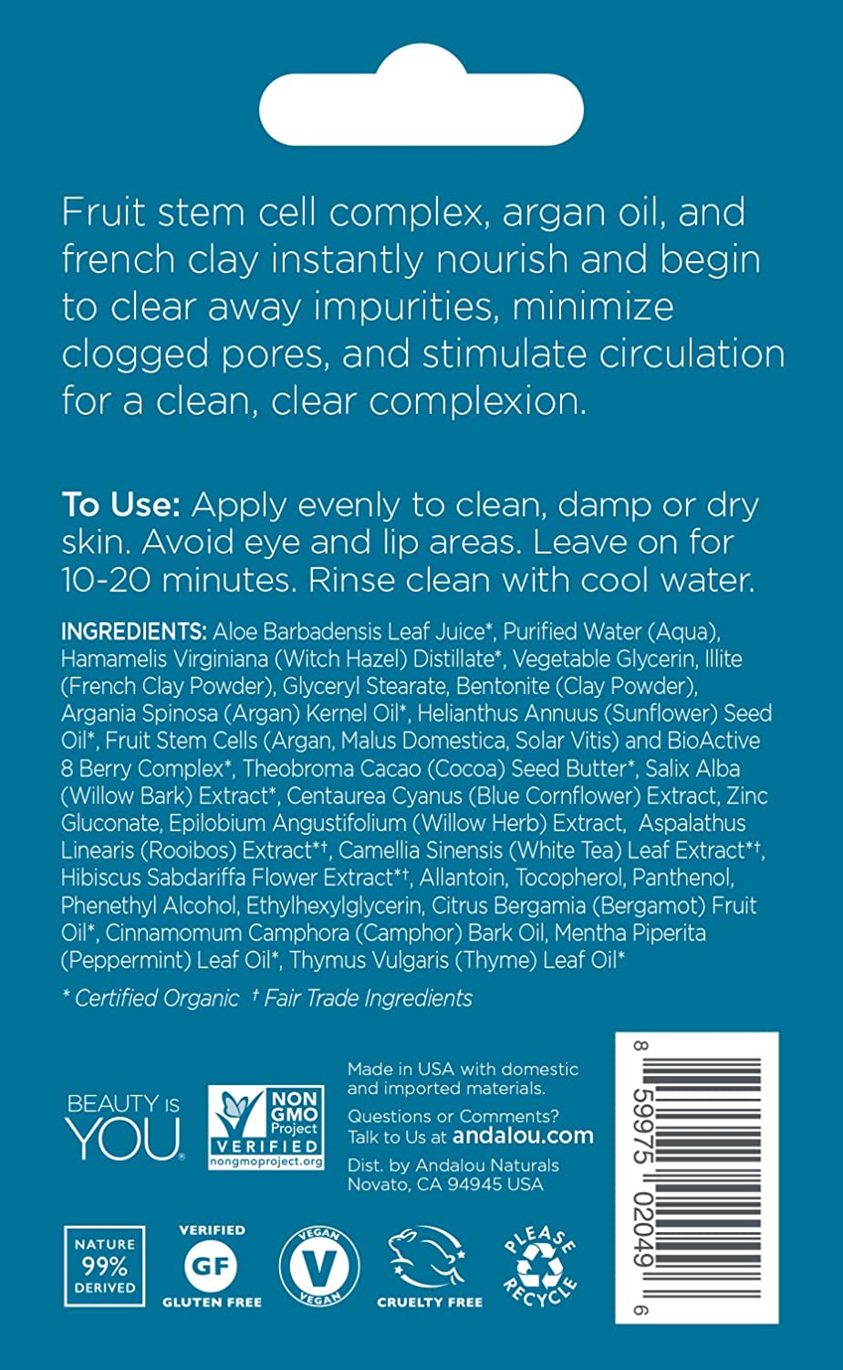 Andalou Naturals Instant Clarity Argan Oil & Blue Clay Mask Pod, 0.28 Ounce