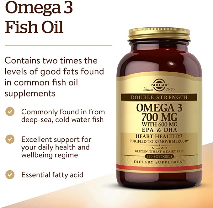 Solgar Double Strength Omega-3 700 mg, 120 Softgels - Fish Oil Supplement - Support for Cardiovascular, Joint &amp; Cellular Health - Contains EPA &amp; DHA Omega 3 Fatty Acids - Gluten Free - 120 Servings