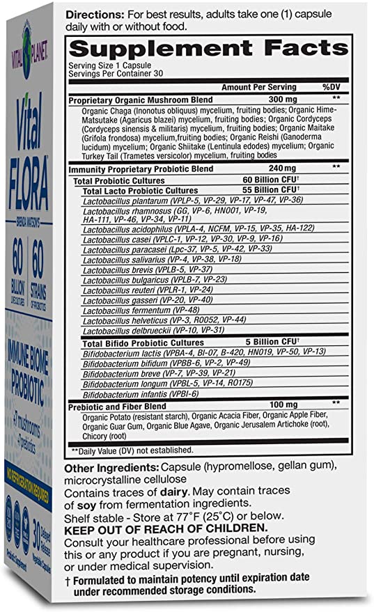 Vital Planet - Vital Flora Immune Support Probiotic, 60 Billion CFU, 60 Diverse Strains, 7 Organic Mushroom Supplement Blend with Prebiotics, Shelf Stable Digestive Health Probiotics 30 Capsules