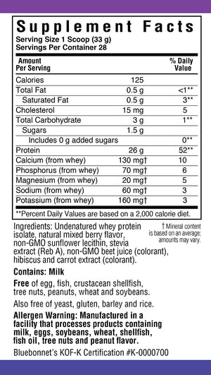 Bluebonnet Nutrition Whey Protein Isolate Powder, Whey From Grass Fed Cows, 26g of Protein, No Sugar Added, Non GMO, Gluten Free, Soy free, kosher Dairy, 2 Lbs, 28 Servings, Mixed Berry Flavor