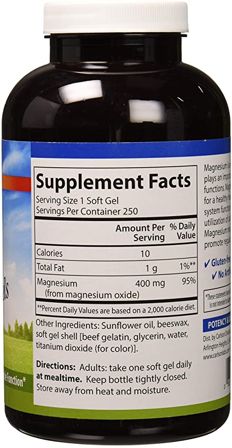 Carlson - Magnesium Gels, 400 mg of Magnesium per Softgel, Heart &amp; Muscle Support, Magnesium Gel Caps, Bowel Function, Magnesium Supplement, 250 Softgels