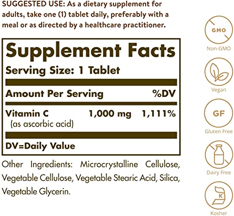 Solgar Vitamin C 1000 mg, 90 Tablets - Antioxidant &amp; Immune Support, Overall Health, Healthy Skin &amp; Joints - Bioflavonoids Supplement - Non-GMO, Vegan, Gluten Free, Kosher - 90 Servings