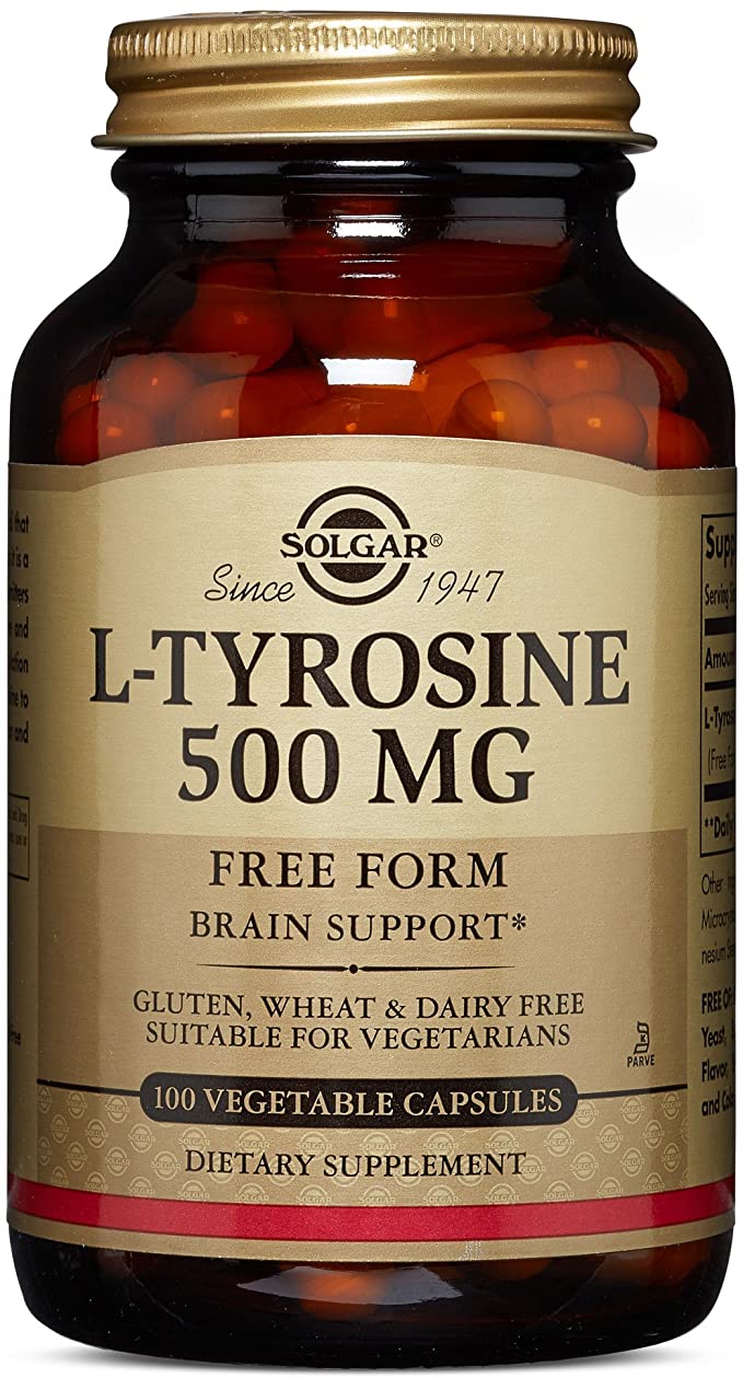 Solgar L-Tyrosine 500 mg, 100 Vegetable Capsules - Brain &amp; Nervous System Support - Vegan, Gluten Free, Dairy Free, Kosher - 100 Servings ,Standard Packaging