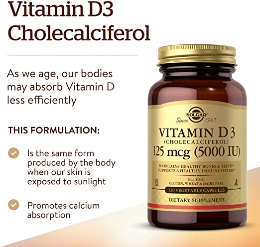 Solgar Vitamin D3 Cholecalciferol 5,000 IU, 120 Vegetable Capsules