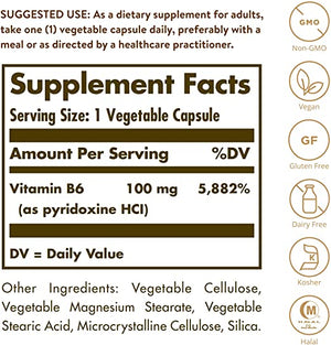 Solgar Vitamin B6 100 mg, 250 Vegetable Capsules - Supports Energy Metabolism, Heart Health & Healthy Nervous System - Non-GMO, Vegan, Gluten Free, Dairy Free, Kosher, Halal - 250 Servings