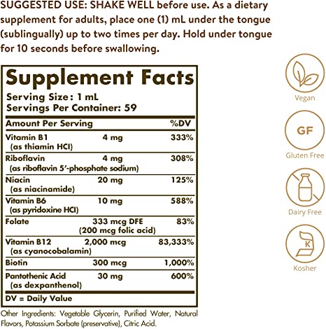 Solgar Sublingual Liquid B-12 2000 mcg with B-Complex - 2 fl oz - Supports Production of Energy, Red Blood Cells, Healthy Nervous System &amp; Heart Health - Vegan, Gluten Free - 59 Total Servings