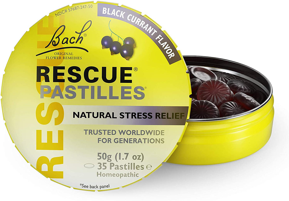 Bach RESCUE PASTILLES, Black Currant Flavor, Natural Stress Relief Lozenges, Homeopathic Flower Essence, Vegetarian, Gluten And Sugar-Free, 35 Count