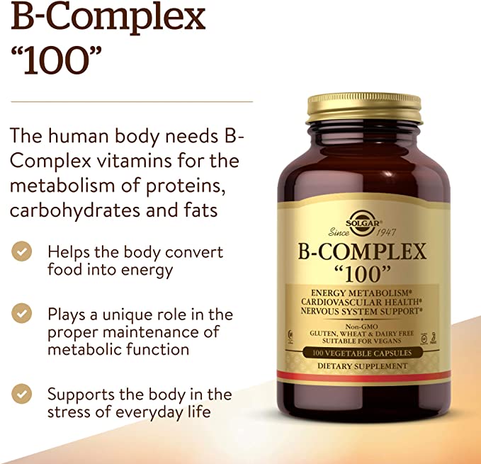 Solgar B-Complex &quot;100&quot;, 100 Vegetable Capsules - Nervous System Support - Supports Energy Metabolism - Non-GMO, Vegan, Gluten Free, Dairy Free, Kosher - 100 Servings