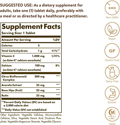 Solgar Ester-C Plus 1000 mg Vitamin C (Ascorbate Complex) - 180 Tablets - Gentle &amp; Non Acidic - Supports Upper Respiratory Health - Non-GMO, Gluten-Free - 180 Servings