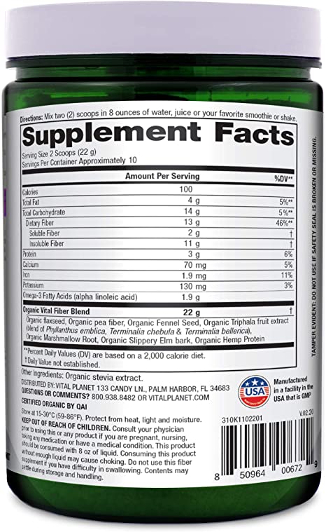 Vital Planet - Vital Fiber Powder, Organic Daily Dietary Fiber Supplement with Soluble and Insoluble Flax, Pea and Hemp Fiber 7.76 oz