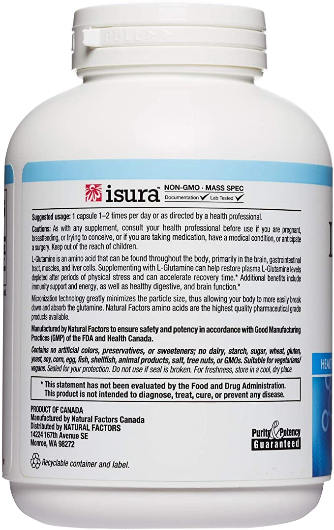 Natural Factors Micronized L-Glutamine, 1000 mg, 180 Vegetarian Capsules