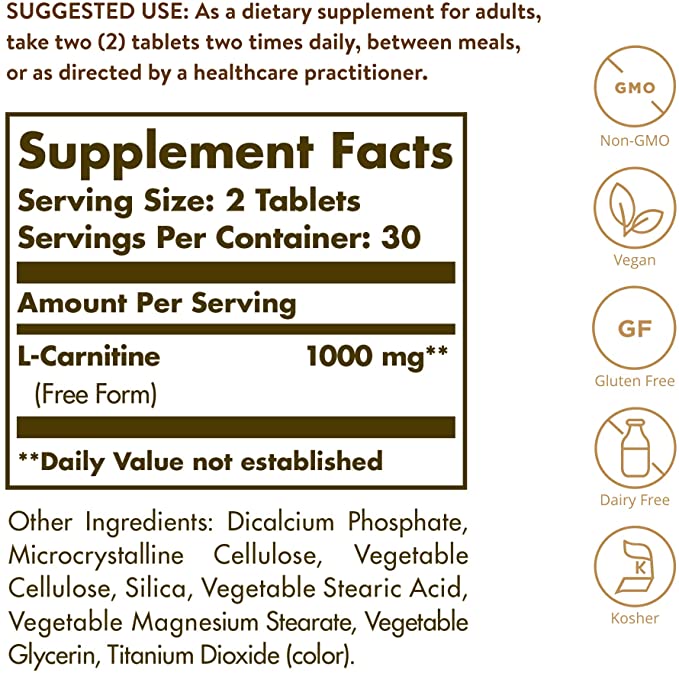 Solgar L-Carnitine 500 mg - 60 Tablets - Non-GMO, Vegan, Gluten Free, Dairy Free, Kosher - 30 Servings