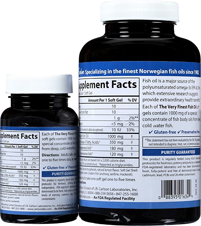 Carlson - The Very Finest Fish Oil, 700 mg Omega-3s, Norwegian, Sustainably Sourced, Lemon, 150 Count