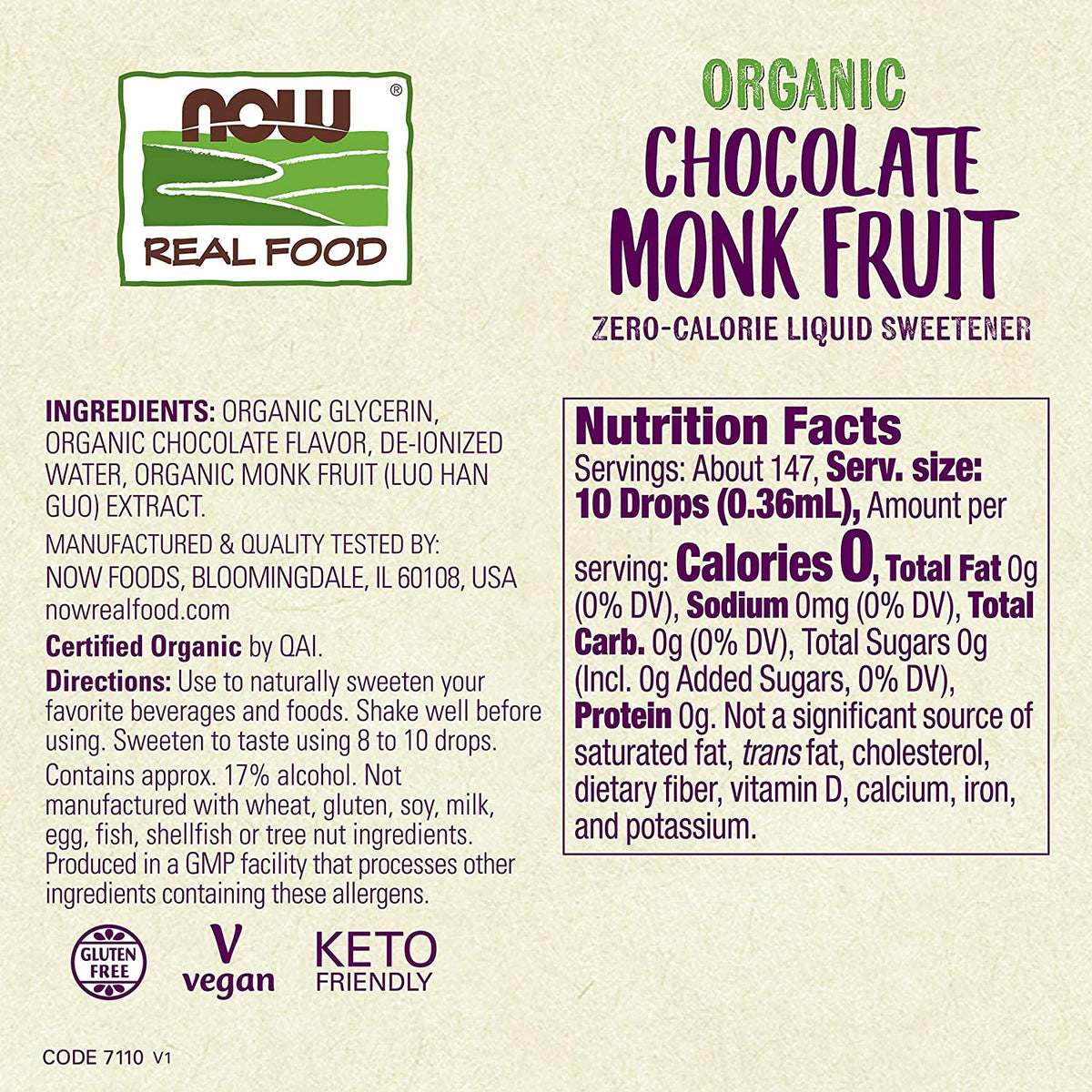 NOW Foods, Organic Liquid Monk Fruit, Chocolate, Zero-Calorie Sweetener, 1.8-Ounce